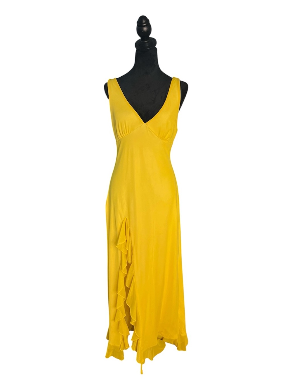 YELLOW Ruffle V-Neck Maxi Asymmetrical Front High Slit Coquette Core Dress L